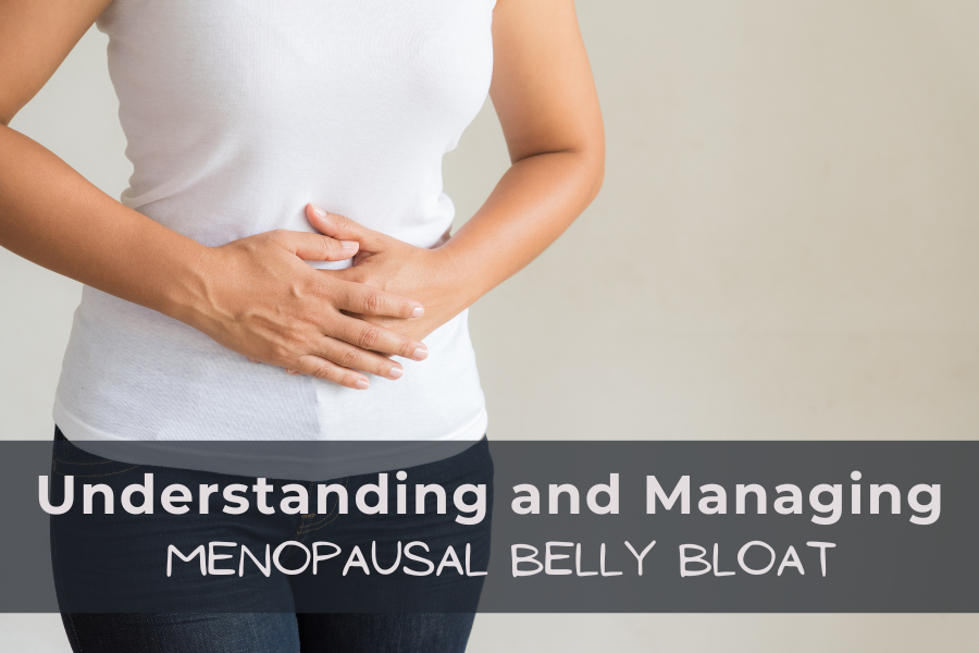 Woman with Menopausal belly bloat holding stomach