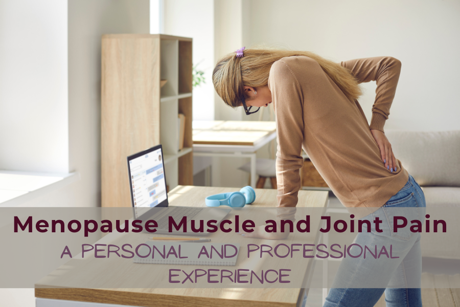 picture of a woman leaning over a desk with menopause muscle and joint pain